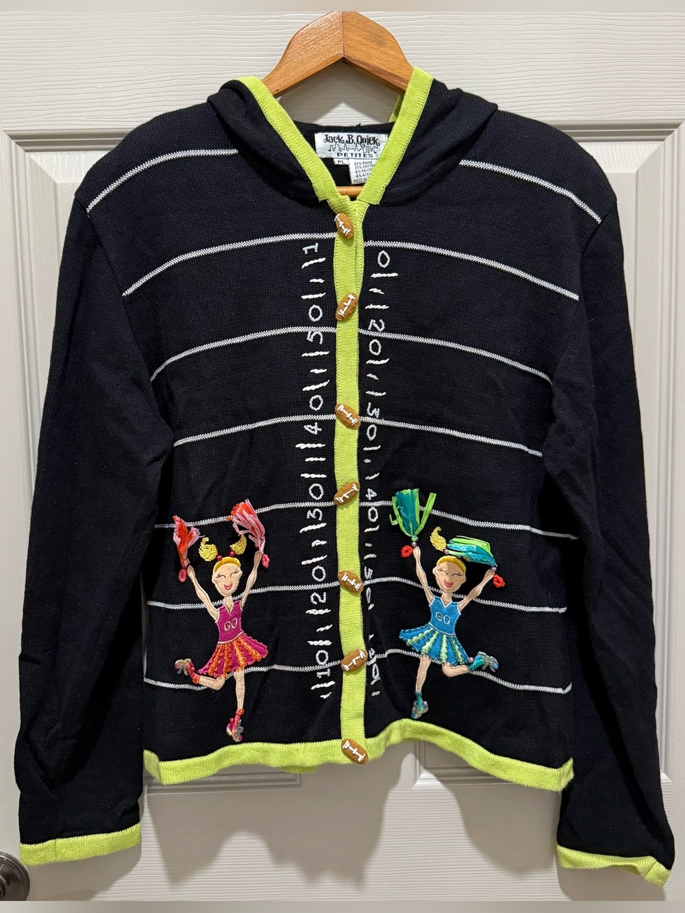 Jack B Quick Sweater Women PL Black Cheerleader Football Hooded Vintage Knit